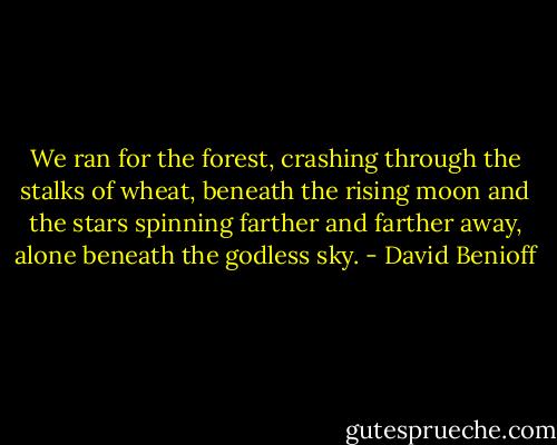 We ran for the forest, crashing through the stalks of wheat, beneath the rising moon and the stars spinning farther and farther away, alone beneath the godless sky. - David Benioff