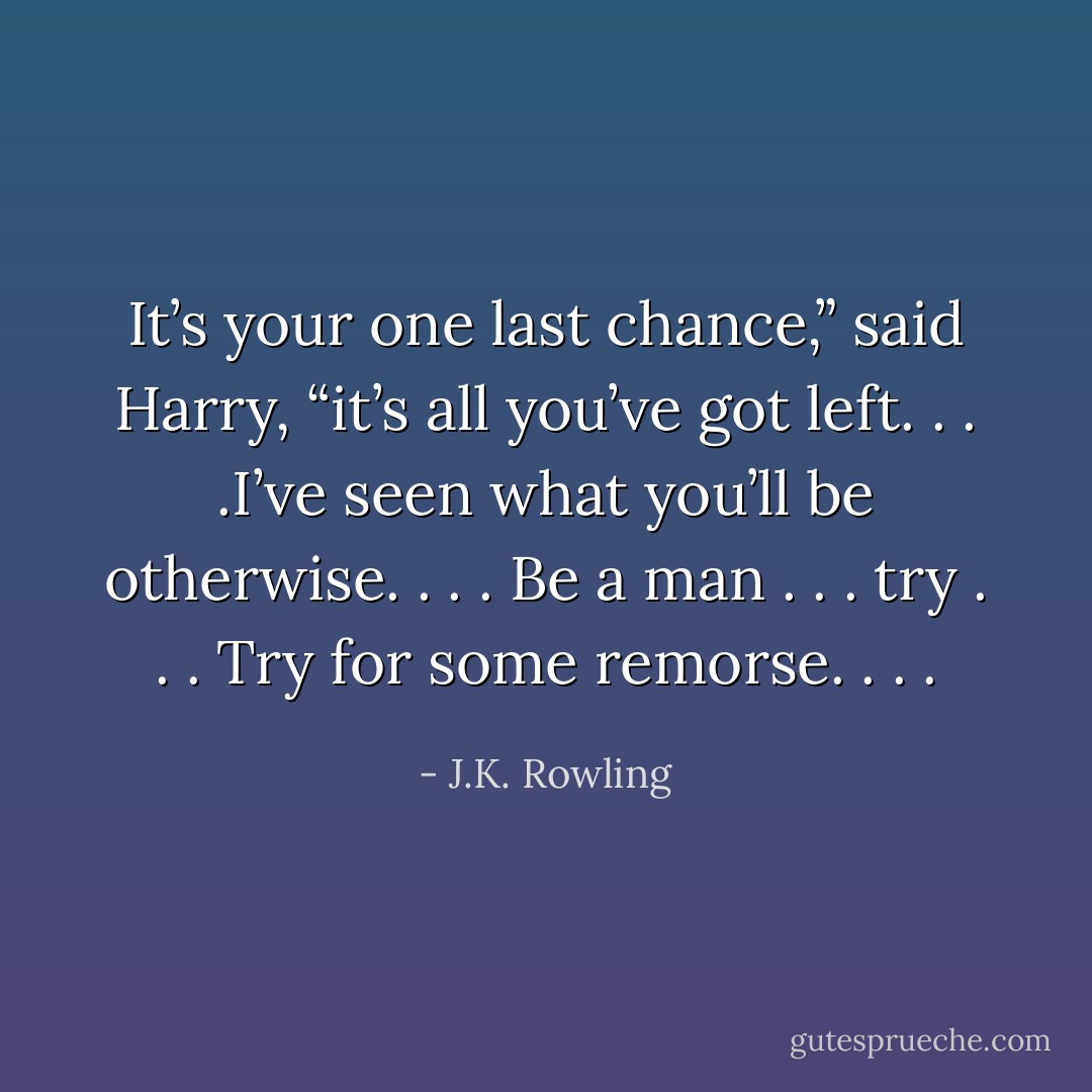 It’s your one last chance,” said Harry, “it’s all you’ve got left. . . .I’ve seen what you’ll be otherwise. . . . Be a man . . . try . . . Try for some remorse. . . . - J.K. Rowling