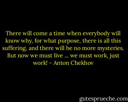 There will come a time when everybody will know why, for what purpose, there is all this suffering, and there will be no more mysteries. But now we must live ... we must work, just work! - Anton Chekhov