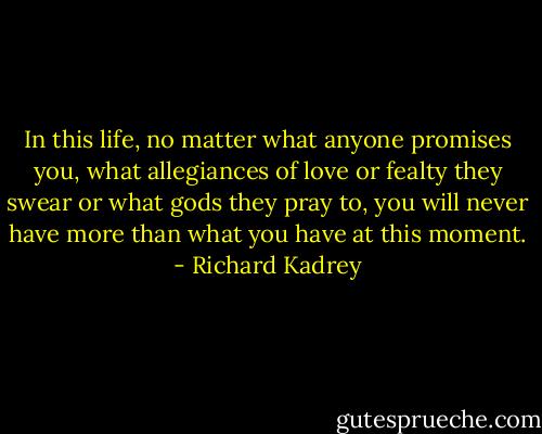 In this life, no matter what anyone promises you, what allegiances of love or fealty they swear or what gods they pray to, you will never have more than what you have at this moment. - Richard Kadrey