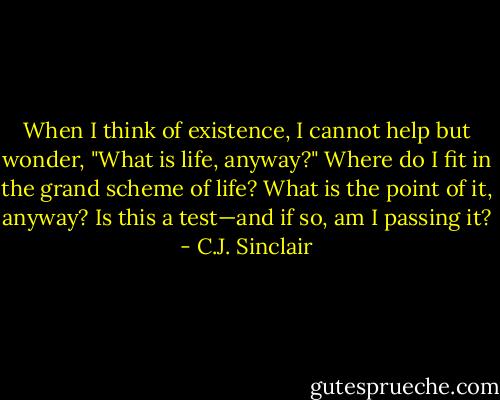 When I think of existence, I cannot help but wonder, "What is life, anyway?" Where do I fit in the grand scheme of life? What is the point of it, anyway? Is this a test—and if so, am I passing it? - C.J. Sinclair