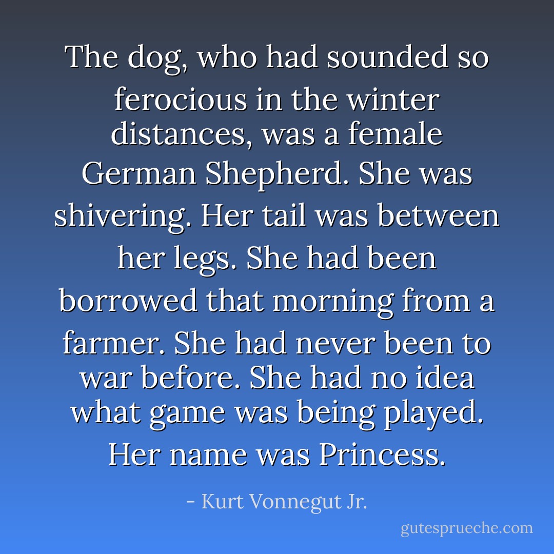The dog, who had sounded so ferocious in the winter distances, was a female German Shepherd. She was shivering. Her tail was between her legs. She had been borrowed that morning from a farmer. She had never been to war before. She had no idea what game was being played. Her name was Princess. - Kurt Vonnegut Jr.