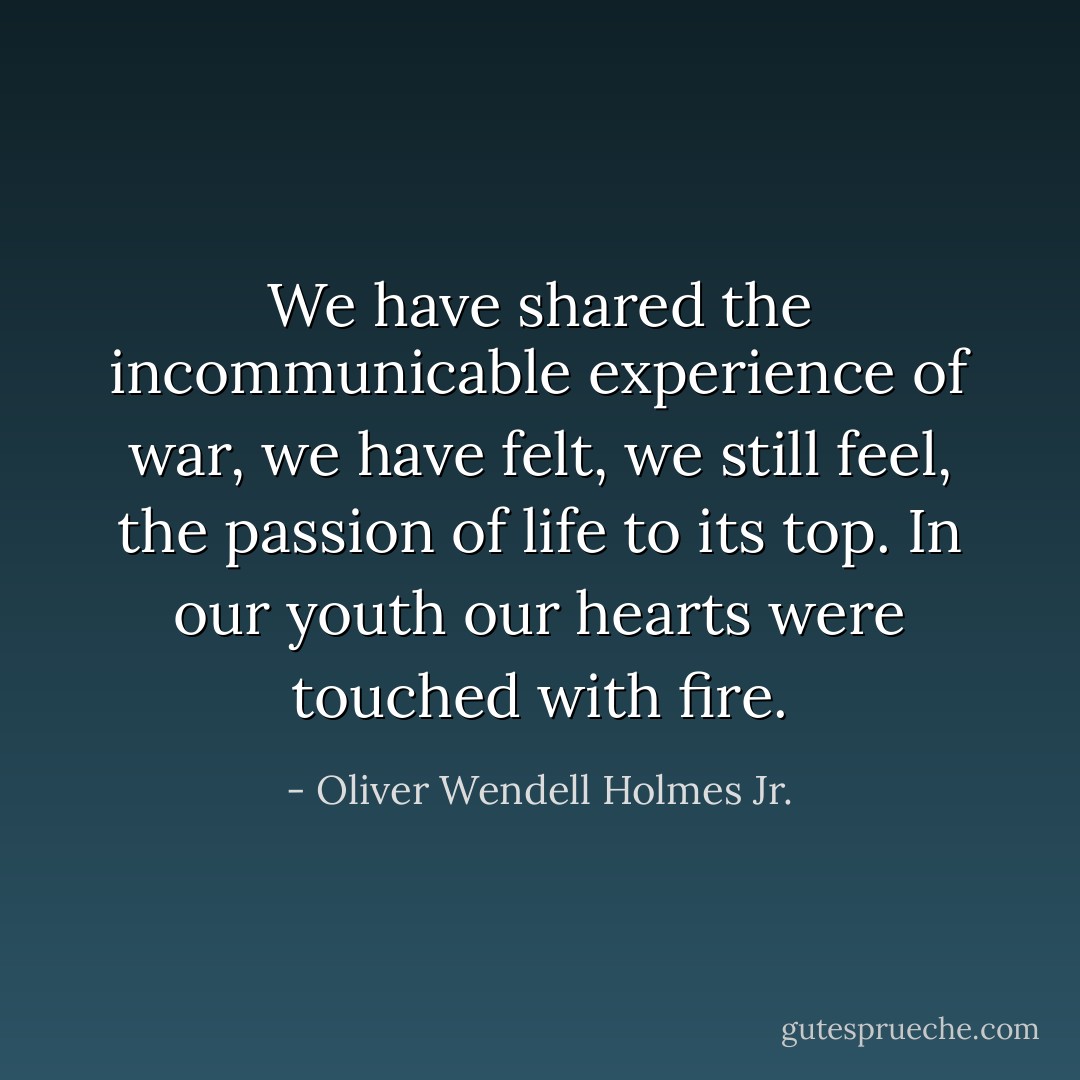 We have shared the incommunicable experience of war, we have felt, we still feel, the passion of life to its top. In our youth our hearts were touched with fire. - Oliver Wendell Holmes Jr.