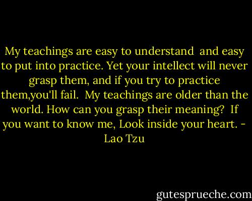 My teachings are easy to understand <br />and easy to put into practice.<br />Yet your intellect will never grasp them,<br />and if you try to practice them,you'll fail.<br /><br />My teachings are older than the world.<br />How can you grasp their meaning?<br /><br />If you want to know me,<br />Look inside your heart. - Lao Tzu