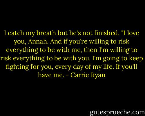 I catch my breath but he's not finished. "I love you, Annah. And if you're willing to risk everything to be with me, then I'm willing to risk everything to be with you. I'm going to keep fighting for you, every day of my life. If you'll have me. - Carrie Ryan
