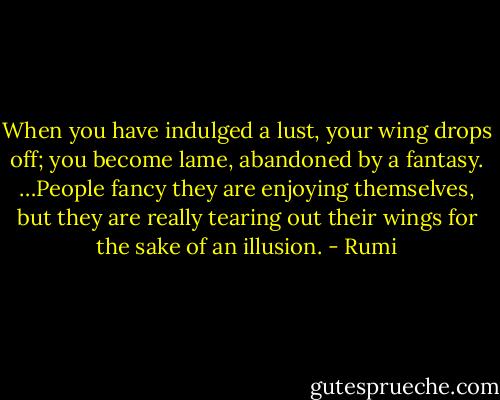 When you have indulged a lust, your wing drops off;<br />you become lame, abandoned by a fantasy.<br />…People fancy they are enjoying themselves,<br />but they are really tearing out their wings<br />for the sake of an illusion. - Rumi