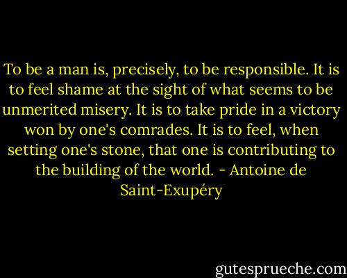 To be a man is, precisely, to be responsible. It is to feel shame at the sight of what seems to be unmerited misery. It is to take pride in a victory won by one's comrades. It is to feel, when setting one's stone, that one is contributing to the building of the world. - Antoine de Saint-Exupéry
