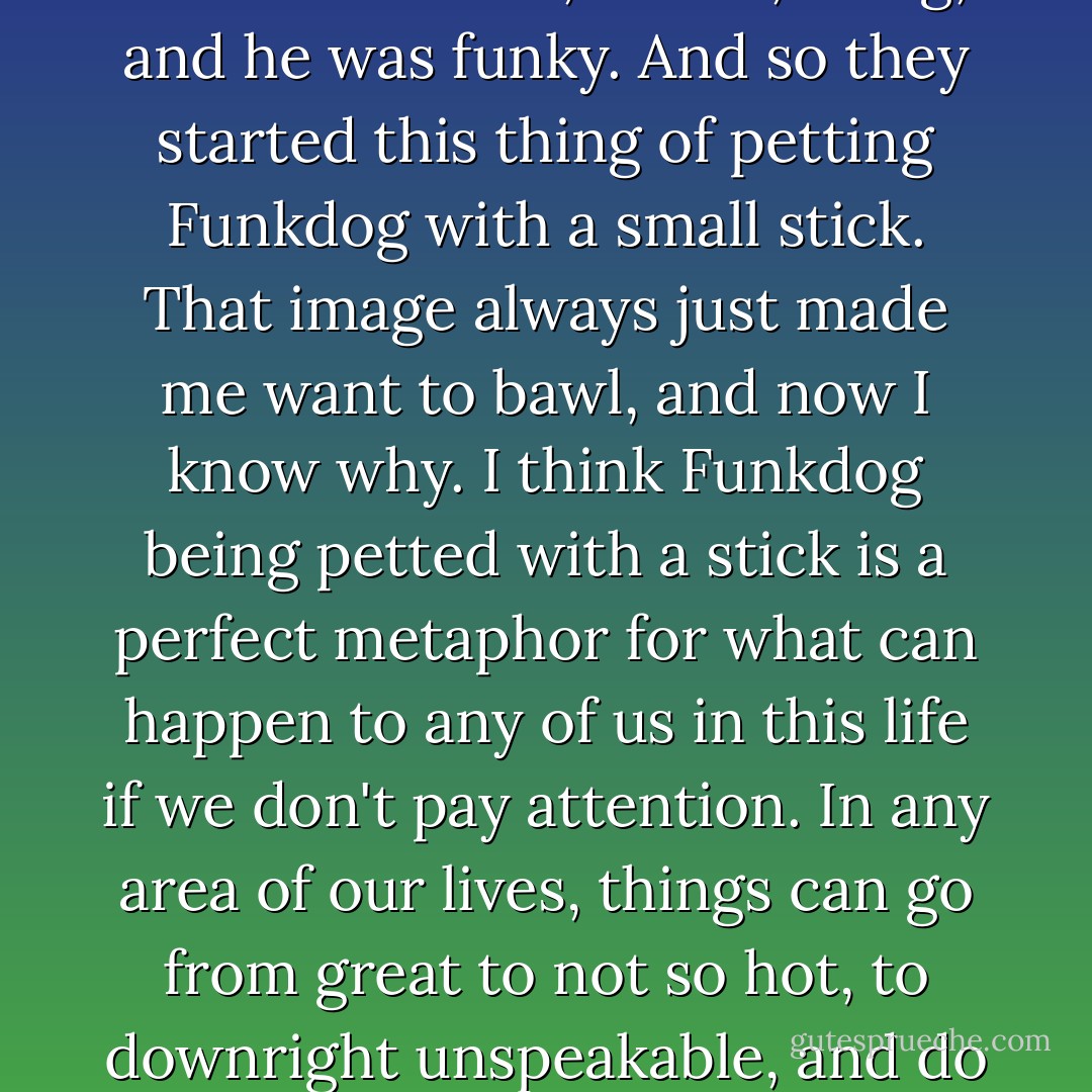 A stranger came to their door one day. He was singularly unattractive - very little hair covering his hideous, sore-wracked skin, just generally ratty and nasty looking. But as is often said of the unbeautiful of the world, he had a great personality. He came to be known a "Funkdog", because he was, in fact, a dog, and he was funky. And so they started this thing of petting Funkdog with a small stick. That image always just made me want to bawl, and now I know why. I think Funkdog being petted with a stick is a perfect metaphor for what can happen to any of us in this life if we don't pay attention. In any area of our lives, things can go from great to not so hot, to downright unspeakable, and do it so gradually that we keep downshifting our expectations to correspond with our current situation. We settle for less and less and tell ourselves,"It's not so bad", until one day we wake up and we are in effect, hairless and scabby, and just hoping to get petted with a stick for a little while. - Jill Conner Browne