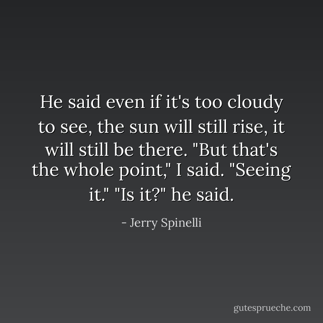 He said even if it's too cloudy to see, the sun will still rise, it will still be there.<br />"But that's the whole point," I said. "Seeing it."<br />"Is it?" he said. - Jerry Spinelli