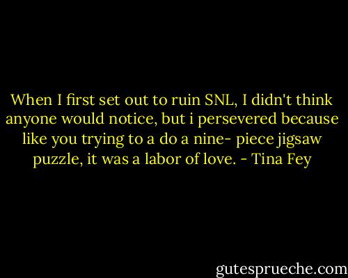 When I first set out to ruin SNL, I didn't think anyone would notice, but i persevered because like you trying to a do a nine- piece jigsaw puzzle, it was a labor of love. - Tina Fey