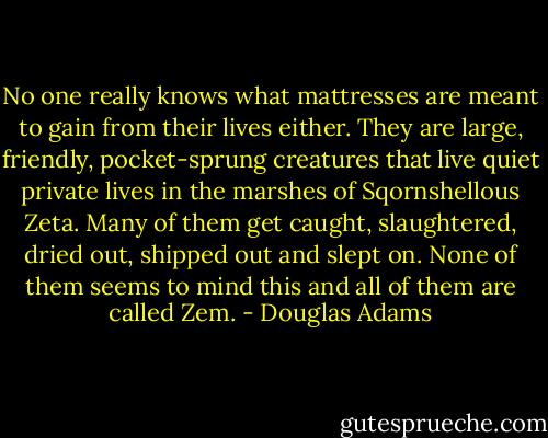 No one really knows what mattresses are meant to gain from their lives either. They are large, friendly, pocket-sprung creatures that live quiet private lives in the marshes of Sqornshellous Zeta. Many of them get caught, slaughtered, dried out, shipped out and slept on. None of them seems to mind this and all of them are called Zem. - Douglas Adams