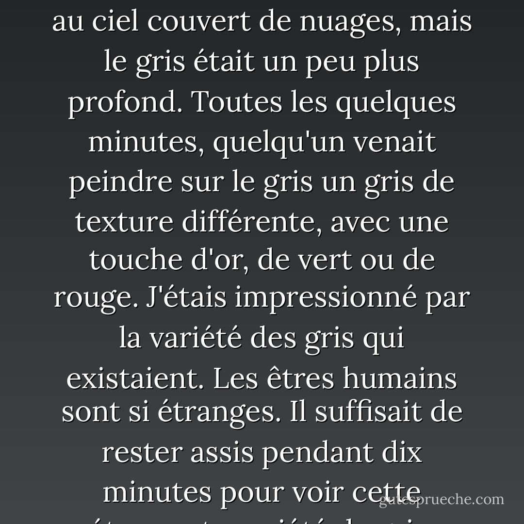 L'obscurité derrière mes paupières fermées ressemblait au ciel couvert de nuages, mais le gris était un peu plus profond. Toutes les quelques minutes, quelqu'un venait peindre sur le gris un gris de texture différente, avec une touche d'or, de vert ou de rouge. J'étais impressionné par la variété des gris qui existaient. Les êtres humains sont si étranges. Il suffisait de rester assis pendant dix minutes pour voir cette étonnante variété de gris. - Haruki Murakami