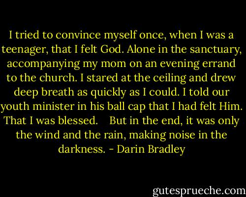 I tried to convince myself once, when I was a teenager, that I felt God. Alone in the sanctuary, accompanying my mom on an evening errand to the church. I stared at the ceiling and drew deep breath as quickly as I could. I told our youth minister in his ball cap that I had felt Him. That I was blessed.<br /> <br /> But in the end, it was only the wind and the rain, making noise in the darkness. - Darin Bradley