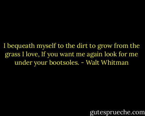 I bequeath myself to the dirt to grow from the grass I love,<br />If you want me again look for me under your bootsoles. - Walt Whitman