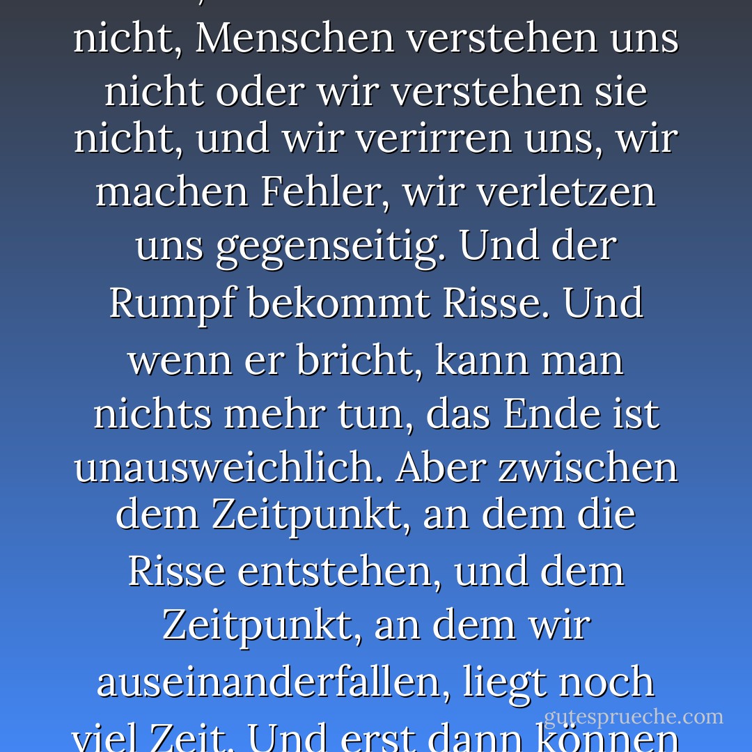 Am Anfang ist jeder ein unsinkbares Schiff. Dann passieren uns bestimmte Dinge: Menschen verlassen uns, Menschen lieben uns nicht, Menschen verstehen uns nicht oder wir verstehen sie nicht, und wir verirren uns, wir machen Fehler, wir verletzen uns gegenseitig. Und der Rumpf bekommt Risse. Und wenn er bricht, kann man nichts mehr tun, das Ende ist unausweichlich. Aber zwischen dem Zeitpunkt, an dem die Risse entstehen, und dem Zeitpunkt, an dem wir auseinanderfallen, liegt noch viel Zeit. Und erst dann können wir uns selbst sehen, denn wir sehen durch unsere Risse nach außen und durch die Risse der anderen nach innen. - John Green<