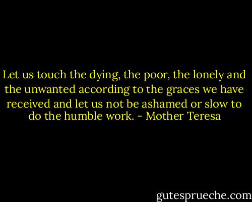 Let us touch the dying, the poor, the lonely and the unwanted according to the graces we have received and let us not be ashamed or slow to do the humble work. - Mother Teresa