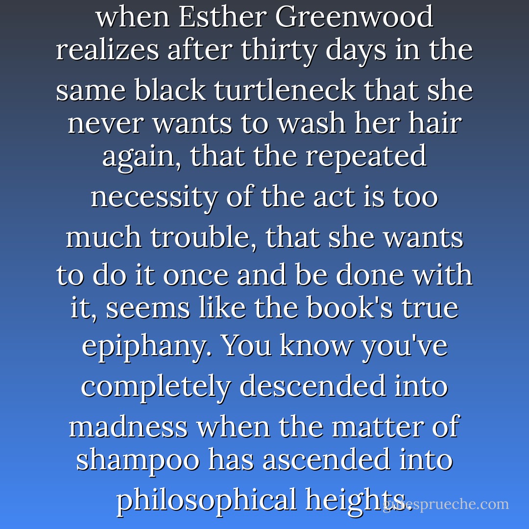 The moment in The Bell Jar when Esther Greenwood realizes after thirty days in the same black turtleneck that she never wants to wash her hair again, that the repeated necessity of the act is too much trouble, that she wants to do it once and be done with it, seems like the book's true epiphany. You know you've completely descended into madness when the matter of shampoo has ascended into philosophical heights. - Elizabeth Wurtzel