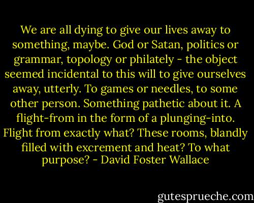 We are all dying to give our lives away to something, maybe. God or Satan, politics or grammar, topology or philately - the object seemed incidental to this will to give ourselves away, utterly. To games or needles, to some other person. Something pathetic about it. A flight-from in the form of a plunging-into. Flight from exactly what? These rooms, blandly filled with excrement and heat? To what purpose? - David Foster Wallace