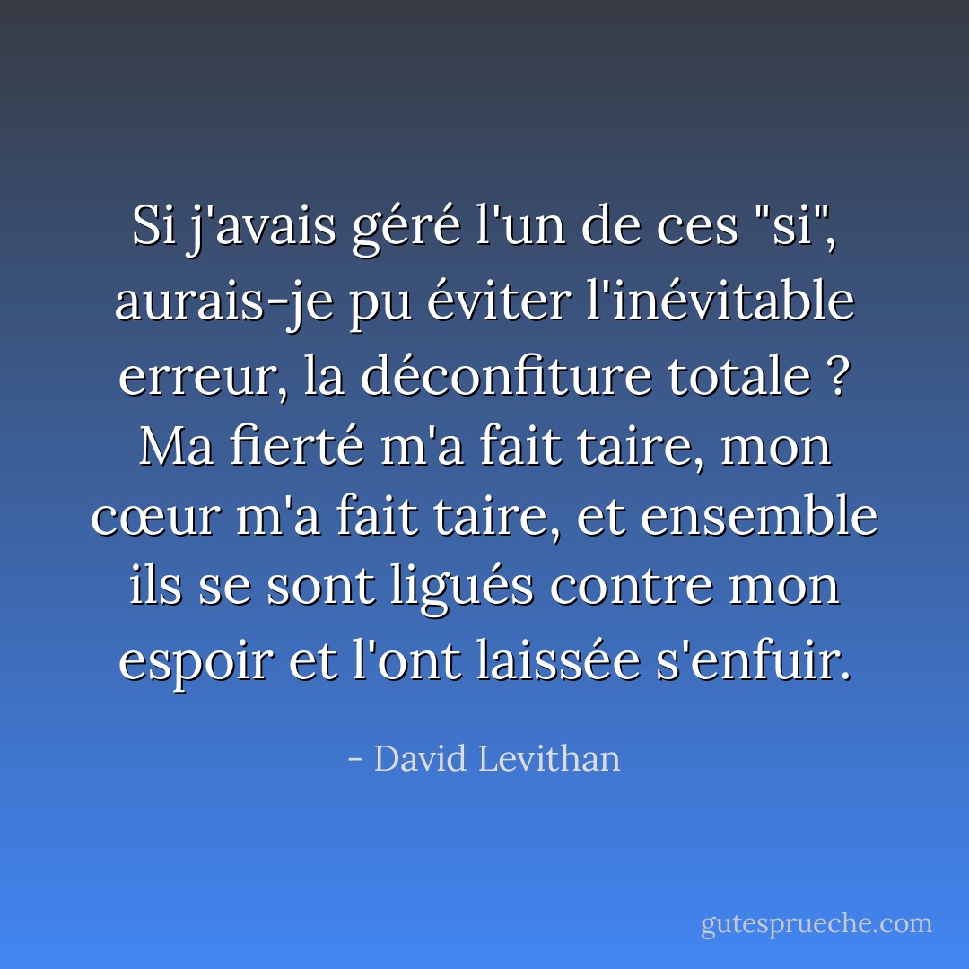 Si j'avais géré l'un de ces "si", aurais-je pu éviter l'inévitable erreur, la déconfiture totale ? Ma fierté m'a fait taire, mon cœur m'a fait taire, et ensemble ils se sont ligués contre mon espoir et l'ont laissée s'enfuir. - David Levithan