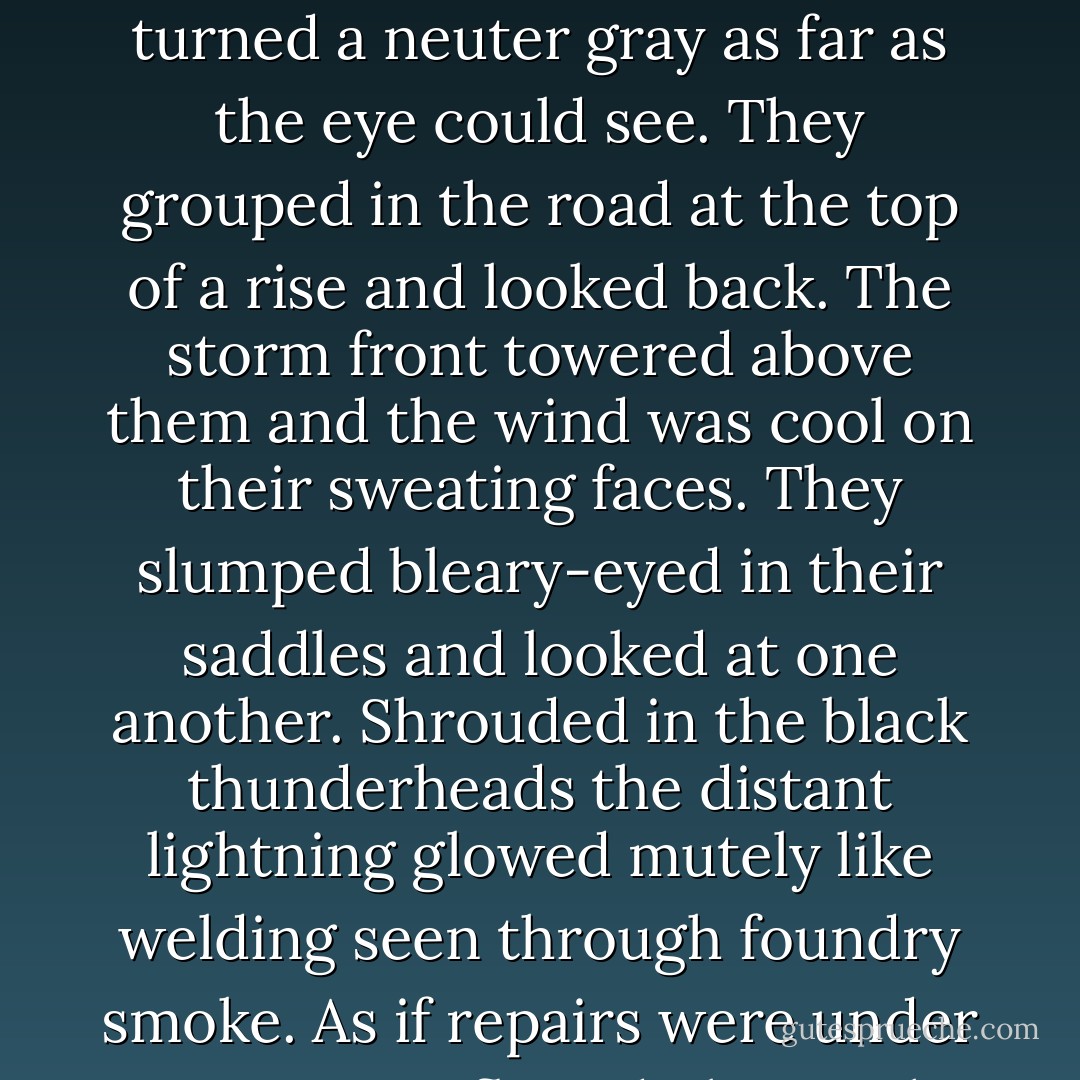 By early evening all the sky to the north had darkened and the spare terrain they trod had turned a neuter gray as far as the eye could see. They grouped in the road at the top of a rise and looked back. The storm front towered above them and the wind was cool on their sweating faces. They slumped bleary-eyed in their saddles and looked at one another. Shrouded in the black thunderheads the distant lightning glowed mutely like welding seen through foundry smoke. As if repairs were under way at some flawed place n the iron dark of the world. - Cormac McCarthy