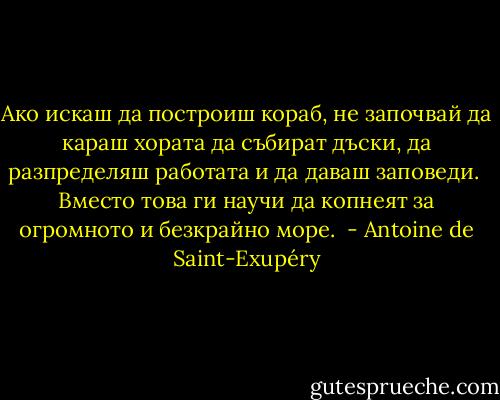 Ако искаш да построиш кораб, не започвай да караш хората да събират дъски, да разпределяш работата и да даваш заповеди. <br />Вместо това ги научи да копнеят за огромното и безкрайно море.  - Antoine de Saint-Exupéry