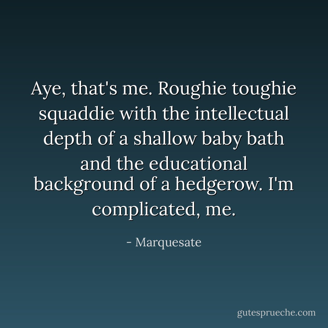 Aye, that's me. Roughie toughie squaddie with the intellectual depth of a shallow baby bath and the educational background of a hedgerow. I'm complicated, me. - Marquesate