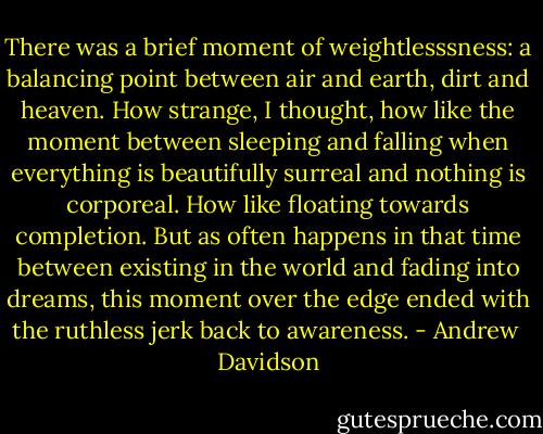 There was a brief moment of weightlesssness: a balancing point between air and earth, dirt and heaven. How strange, I thought, how like the moment between sleeping and falling when everything is beautifully surreal and nothing is corporeal. How like floating towards completion. But as often happens in that time between existing in the world and fading into dreams, this moment over the edge ended with the ruthless jerk back to awareness. - Andrew  Davidson