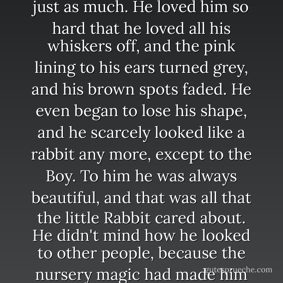 Weeks passed, and the little Rabbit grew very old and shabby, but the Boy loved him just as much. He loved him so hard that he loved all his whiskers off, and the pink lining to his ears turned grey, and his brown spots faded. He even began to lose his shape, and he scarcely looked like a rabbit any more, except to the Boy. To him he was always beautiful, and that was all that the little Rabbit cared about. He didn't mind how he looked to other people, because the nursery magic had made him Real, and when you are Real shabbiness doesn't matter. - Margery Williams Bianco