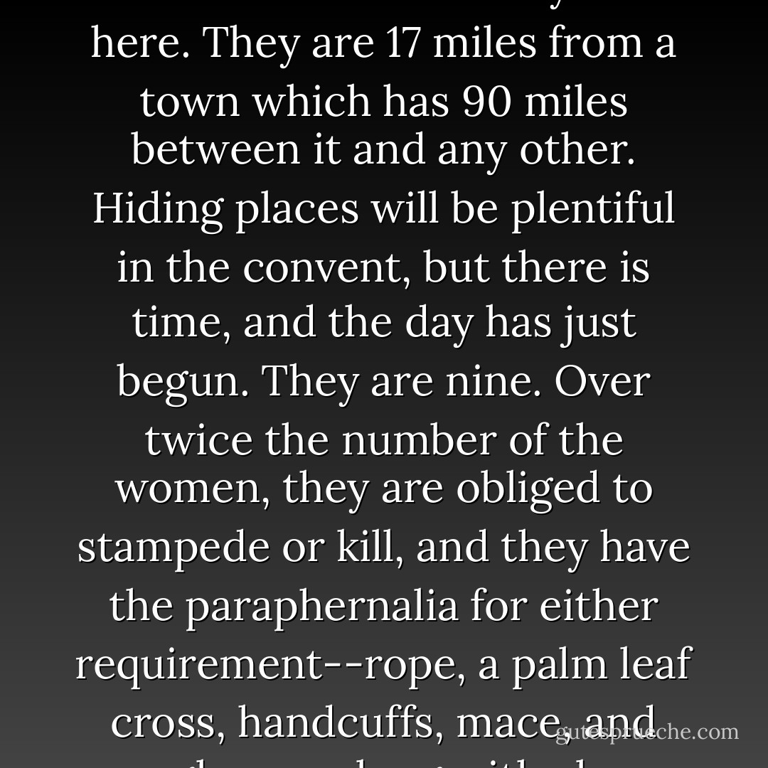 They shoot the white girl first, but the rest they can take their time. No need to hurry out here. They are 17 miles from a town which has 90 miles between it and any other. Hiding places will be plentiful in the convent, but there is time, and the day has just begun. They are nine. Over twice the number of the women, they are obliged to stampede or kill, and they have the paraphernalia for either requirement--rope, a palm leaf cross, handcuffs, mace, and sunglasses, along with clean, handsome guns. - Toni Morrison
