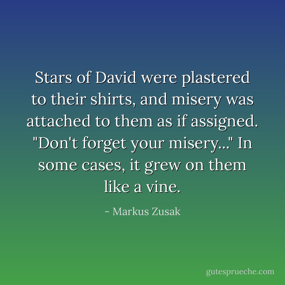 Stars of David were plastered to their shirts, and misery was attached to them as if assigned. "Don't forget your misery..." In some cases, it grew on them like a vine. - Markus Zusak