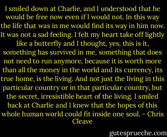 I smiled down at Charlie, and I understood that he would be free now even if I would not. In this way the life that was in me would find its way in him now. It was not a sad feeling. I felt my heart take off lightly like a butterfly and I thought, yes, this is it, something has survived in me, something that does not need to run anymore, because it is worth more than all the money in the world and its currency, its true home, is the living. And not just the living in this particular country or in that particular country, but the secret, irresistible heart of the living. I smiled back at Charlie and I knew that the hopes of this whole human world could fit inside one soul. - Chris Cleave