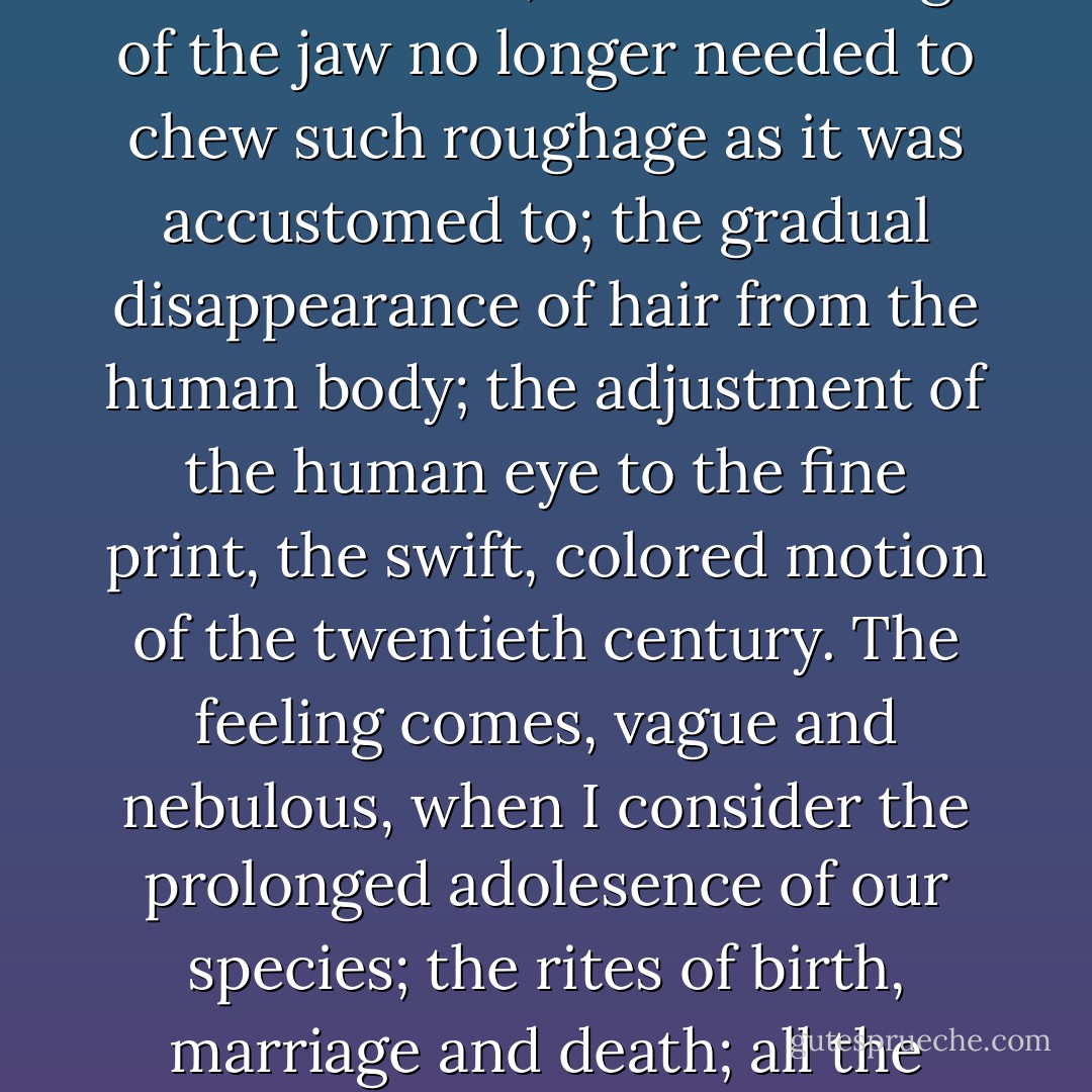 There are times when a feeling of expectancy comes to me, as if something is there, beneath the surface of my understanding, waiting for me to grasp it. It is the same tantalizing sensation when you almost remember a name, but don't quite reach it. I can feel it when I think of human beings, of the hints of evolution suggested by the removal of wisdom teeth, the narrowing of the jaw no longer needed to chew such roughage as it was accustomed to; the gradual disappearance of hair from the human body; the adjustment of the human eye to the fine print, the swift, colored motion of the twentieth century. The feeling comes, vague and nebulous, when I consider the prolonged adolesence of our species; the rites of birth, marriage and death; all the primitive, barbaric ceremonies streamlined to modern times. Almost, I think, the unreasoning, bestial purity was best. Oh, something is there, waiting for me. Perhaps someday the revelation will burst in upon me and I will see the other side of this monumental grotesque joke. And then I'll laugh. And then I'll know what life is. - Sylvia Plath