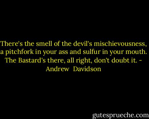 There's the smell of the devil's mischievousness, a pitchfork in your ass and sulfur in your mouth. The Bastard's there, all right, don't doubt it. - Andrew  Davidson