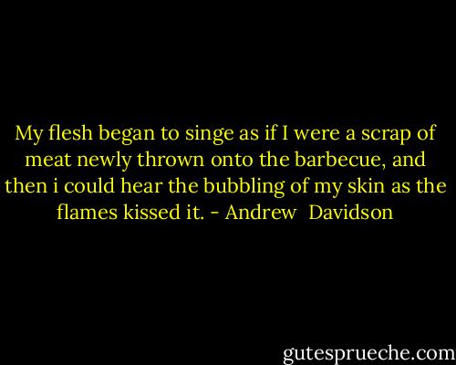 My flesh began to singe as if I were a scrap of meat newly thrown onto the barbecue, and then i could hear the bubbling of my skin as the flames kissed it. - Andrew  Davidson