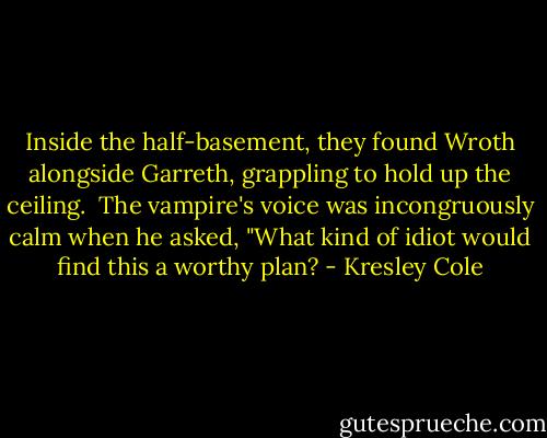 Inside the half-basement, they found Wroth alongside Garreth, grappling to hold up the ceiling. <br />The vampire's voice was incongruously calm when he asked, "What kind of idiot would find this a worthy plan? - Kresley Cole