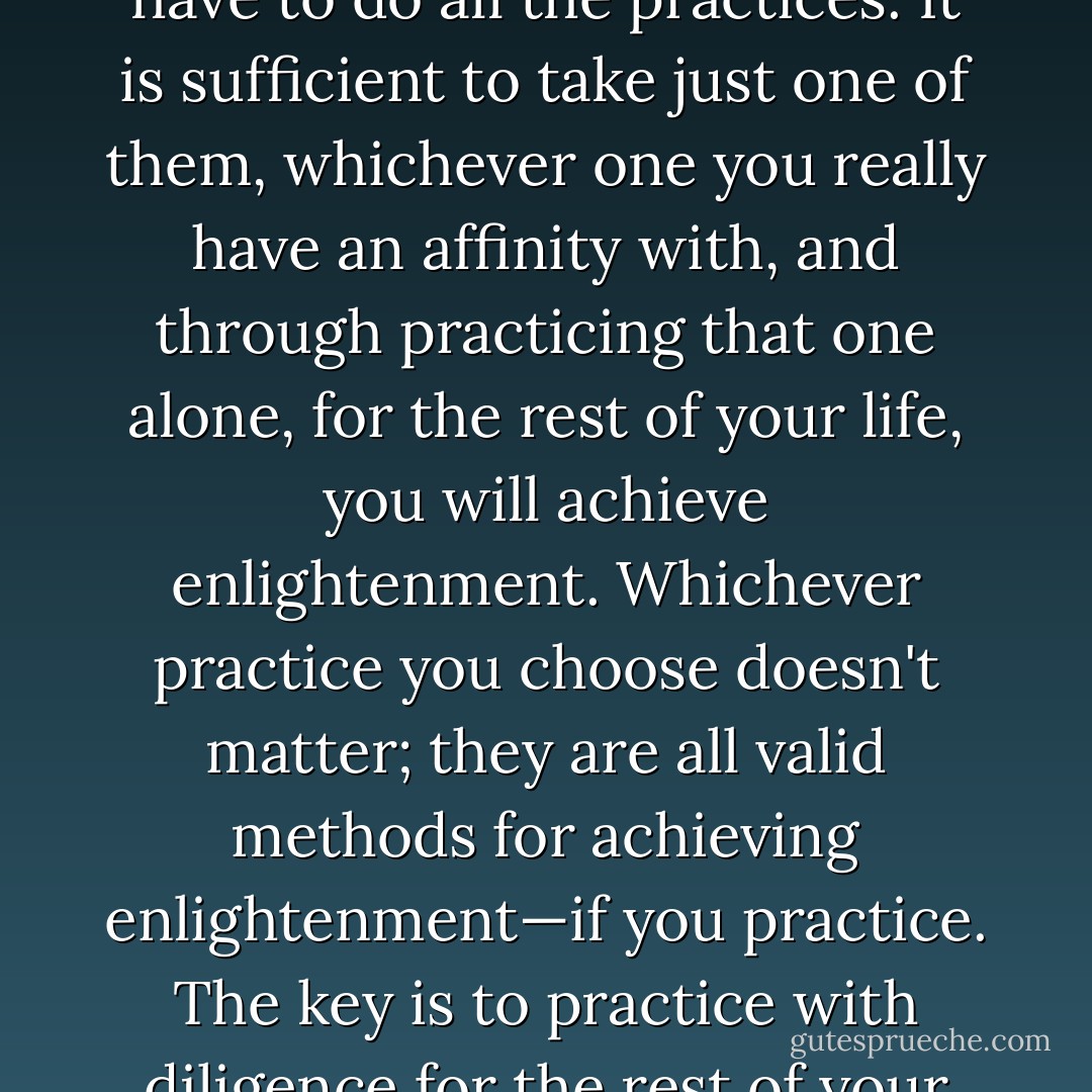 This is what the path of Dharma is like. It's not that you have to do all the practices. It is sufficient to take just one of them, whichever one you really have an affinity with, and through practicing that one alone, for the rest of your life, you will achieve enlightenment. Whichever practice you choose doesn't matter; they are all valid methods for achieving enlightenment—if you practice. The key is to practice with diligence for the rest of your life. - Dhomang Yangthang