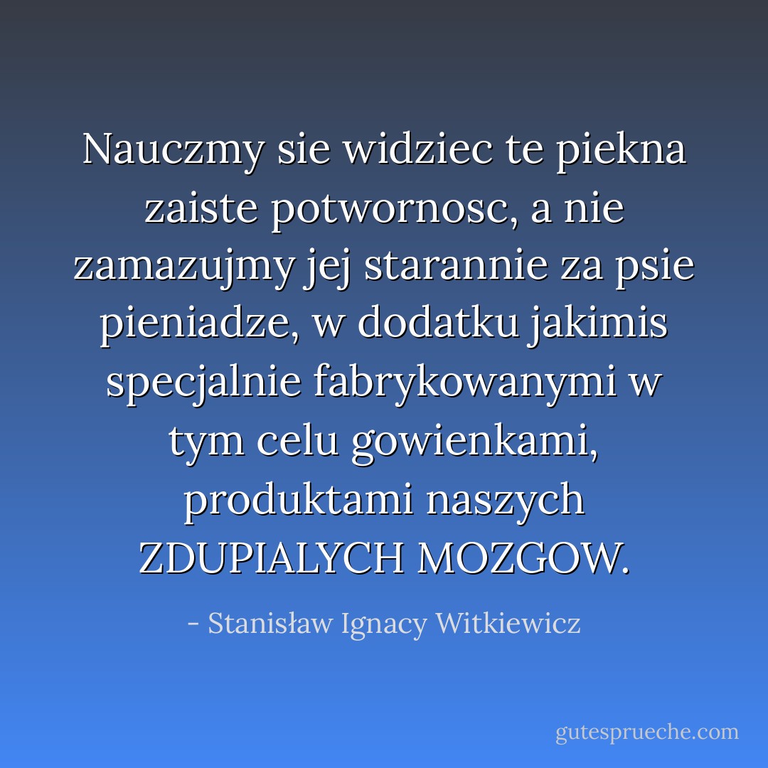 Nauczmy sie widziec te piekna zaiste potwornosc, a nie zamazujmy jej starannie za psie pieniadze, w dodatku jakimis specjalnie fabrykowanymi w tym celu gowienkami, produktami naszych ZDUPIALYCH MOZGOW. - Stanisław Ignacy Witkiewicz