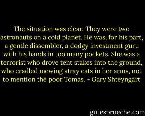 The situation was clear: They were two astronauts on a cold planet. He was, for his part, a gentle dissembler, a dodgy investment guru with his hands in too many pockets. She was a terrorist who drove tent stakes into the ground, who cradled mewing stray cats in her arms, not to mention the poor Tomas. - Gary Shteyngart