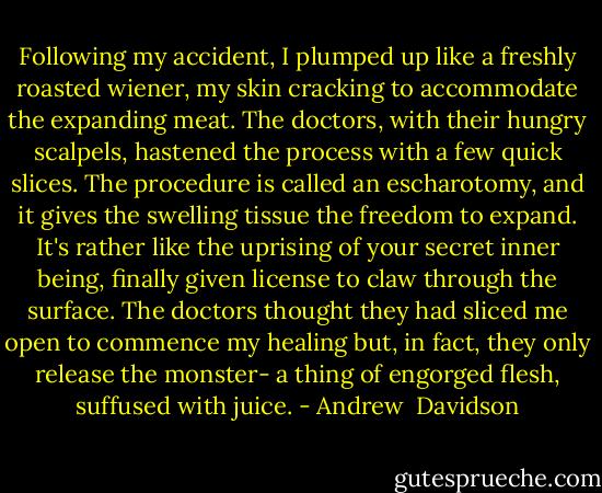 Following my accident, I plumped up like a freshly roasted wiener, my skin cracking to accommodate the expanding meat. The doctors, with their hungry scalpels, hastened the process with a few quick slices. The procedure is called an escharotomy, and it gives the swelling tissue the freedom to expand. It's rather like the uprising of your secret inner being, finally given license to claw through the surface. The doctors thought they had sliced me open to commence my healing but, in fact, they only release the monster- a thing of engorged flesh, suffused with juice. - Andrew  Davidson