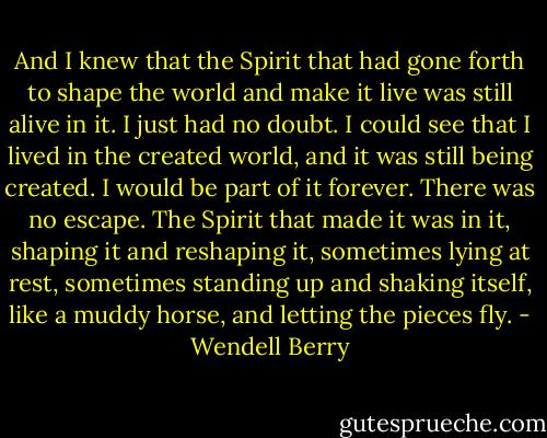 And I knew that the Spirit that had gone forth to shape the world and make it live was still alive in it. I just had no doubt. I could see that I lived in the created world, and it was still being created. I would be part of it forever. There was no escape. The Spirit that made it was in it, shaping it and reshaping it, sometimes lying at rest, sometimes standing up and shaking itself, like a muddy horse, and letting the pieces fly. - Wendell Berry