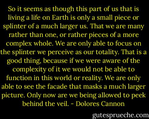 So it seems as though this part of us that is living a life on Earth is only a small piece or splinter of a much larger us. That we are many rather than one, or rather pieces of a more complex whole. We are only able to focus on the splinter we perceive as our totality. That is a good thing, because if we were aware of the complexity of it we would not be able to function in this world or reality. We are only able to see the facade that masks a much larger picture. Only now are we being allowed to peek behind the veil. - Dolores Cannon