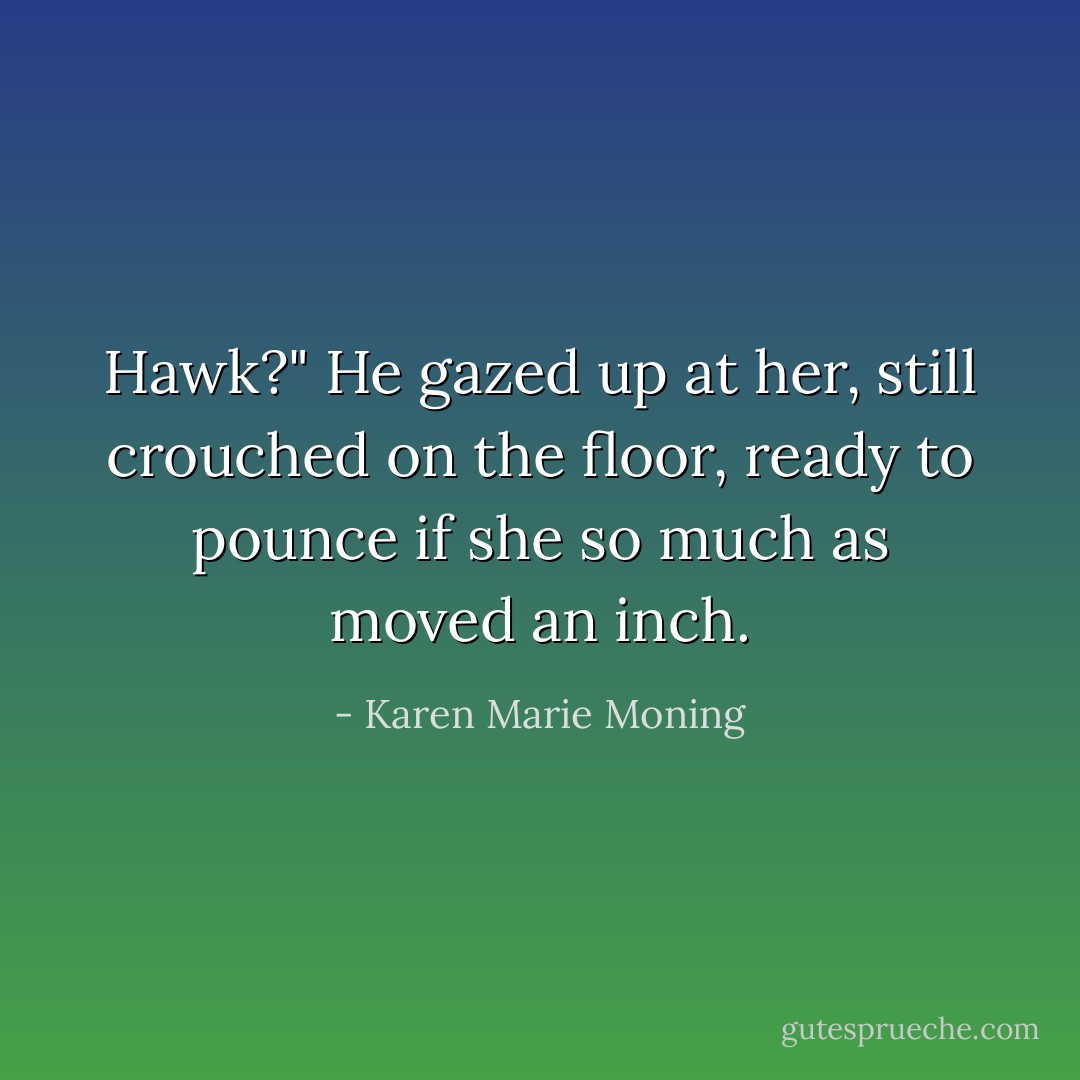 Hawk?"<br />He gazed up at her, still crouched on the floor, ready to pounce if she so much as moved an inch. - Karen Marie Moning