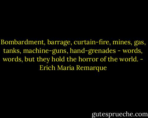 Bombardment, barrage, curtain-fire, mines, gas, tanks, machine-guns, hand-grenades - words, words, but they hold the horror of the world. - Erich Maria Remarque