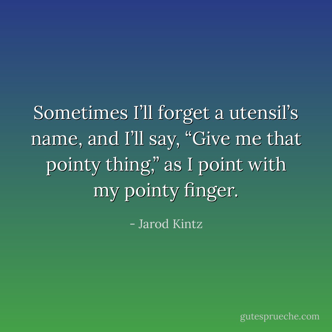 Sometimes I’ll forget a utensil’s name, and I’ll say, “Give me that pointy thing,” as I point with my pointy finger. - Jarod Kintz