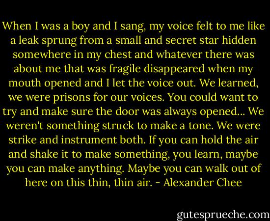 When I was a boy and I sang, my voice felt to me like a leak sprung from a small and secret star hidden somewhere in my chest and whatever there was about me that was fragile disappeared when my mouth opened and I let the voice out. We learned, we were prisons for our voices. You could want to try and make sure the door was always opened... We weren't something struck to make a tone. We were strike and instrument both. If you can hold the air and shake it to make something, you learn, maybe you can make anything. Maybe you can walk out of here on this thin, thin air. - Alexander Chee