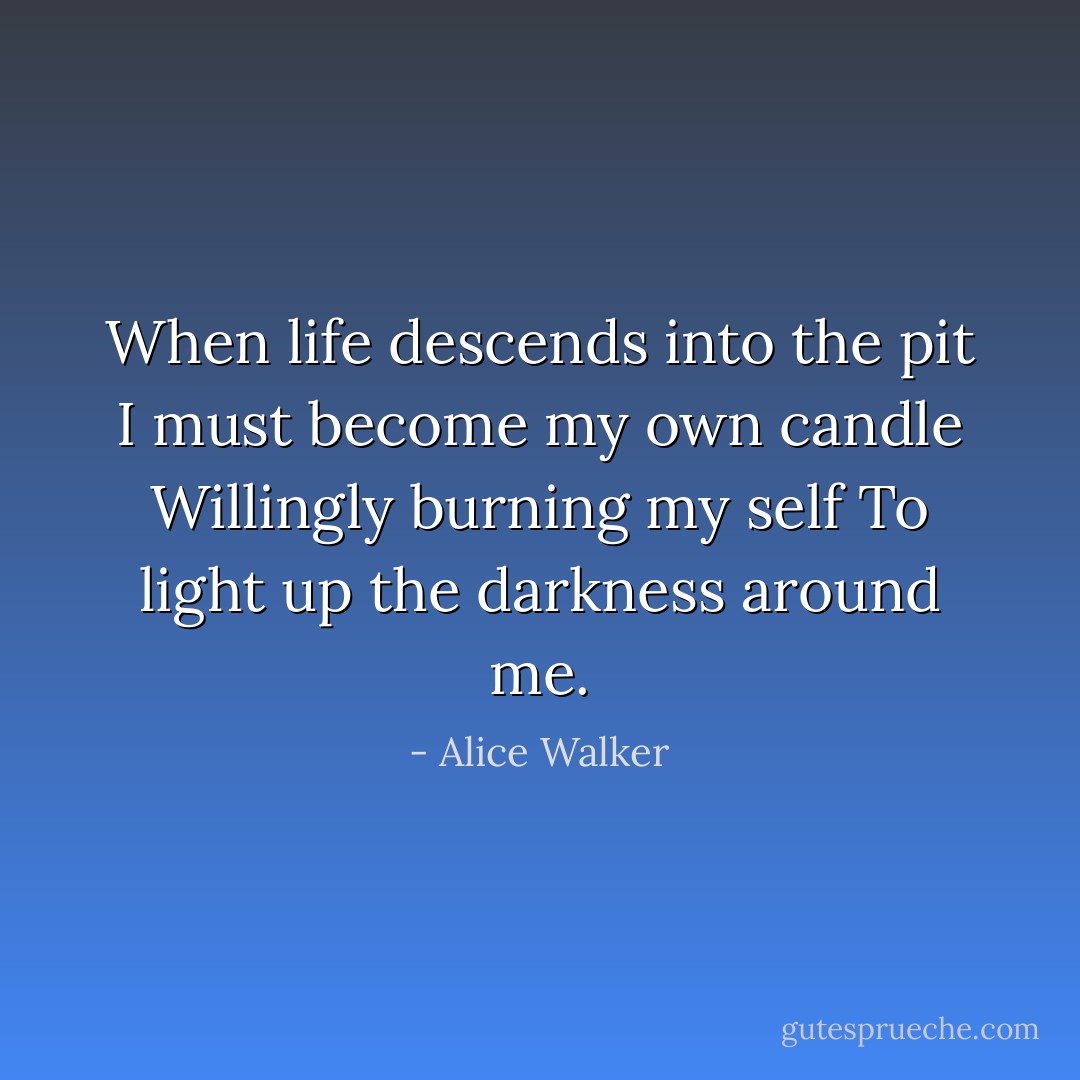 When life descends into the pit<br />I must become my own candle<br />Willingly burning my self<br />To light up the darkness around me. - Alice Walker