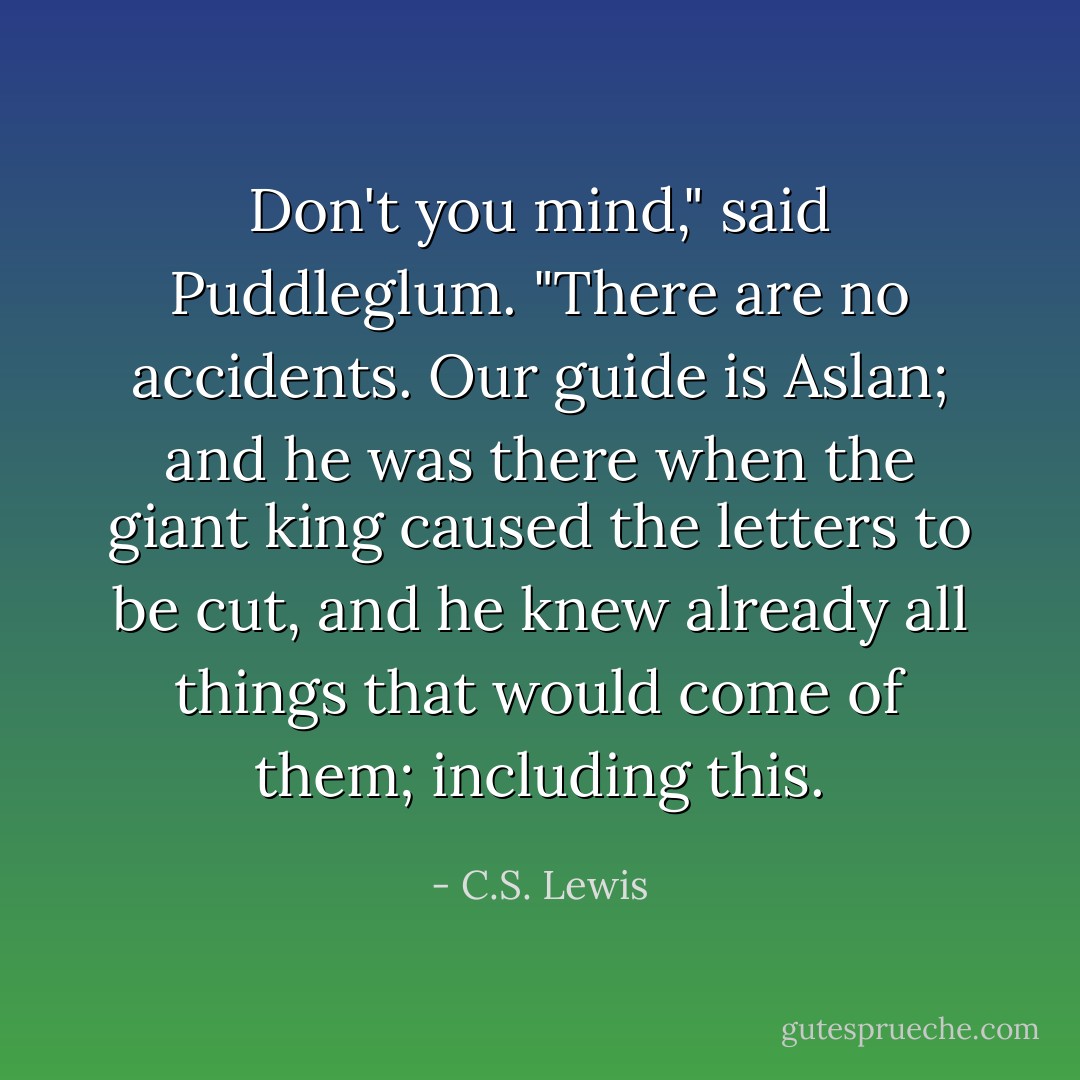 Don't you mind," said Puddleglum. "There are no accidents. Our guide is Aslan; and he was there when the giant king caused the letters to be cut, and he knew already all things that would come of them; including this. - C.S. Lewis