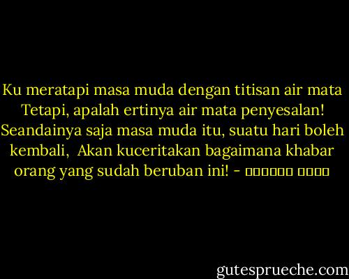 Ku meratapi masa muda dengan titisan air mata<br /><br />Tetapi, apalah ertinya air mata penyesalan!<br /><br />Seandainya saja masa muda itu, suatu hari boleh kembali,<br /><br />Akan kuceritakan bagaimana khabar orang yang sudah beruban ini! - عائض القرني