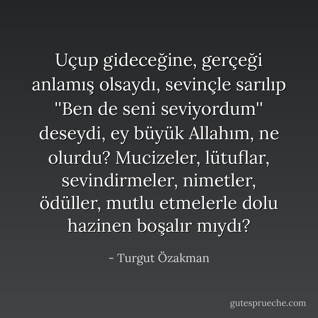 Uçup gideceğine, gerçeği anlamış olsaydı, sevinçle sarılıp ''Ben de seni seviyordum'' deseydi, ey büyük Allahım, ne olurdu? Mucizeler, lütuflar, sevindirmeler, nimetler, ödüller, mutlu etmelerle dolu hazinen boşalır mıydı? - Turgut Özakman