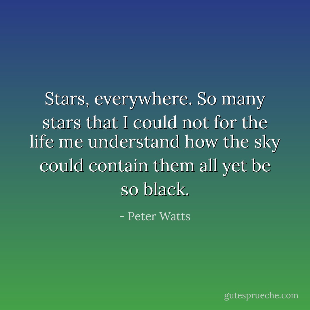 Stars, everywhere. So many stars that I could not for the life me understand how the sky could contain them all yet be so black. - Peter Watts